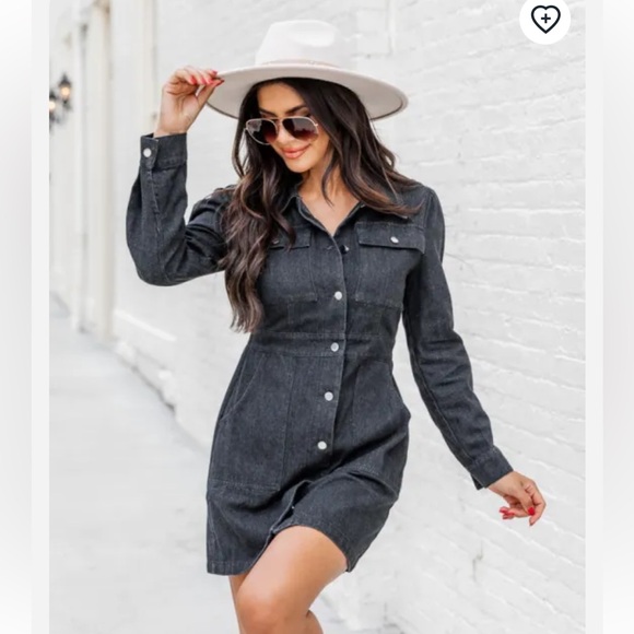 Black Denim Long Sleeve Button Up Mini Dress - Picture 2 of 4